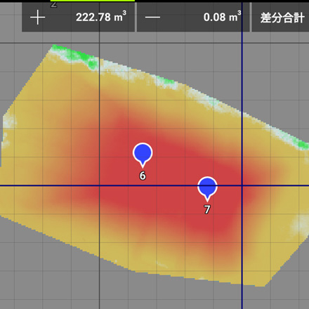 日々の点群データを比較することにより  進捗具合を確認できます。  現在の土量と設計時に決めた土量の差が右上に表示され、  画像のように指定したエリア内の情報だけを  表示させることも可能です。 